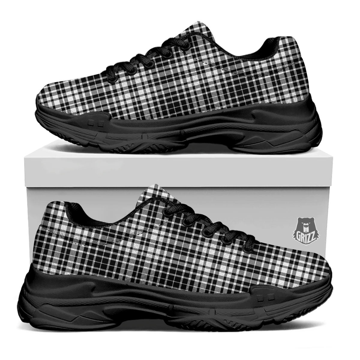 Border Tartan White And Black Print Black Chunky Shoes-grizzshop