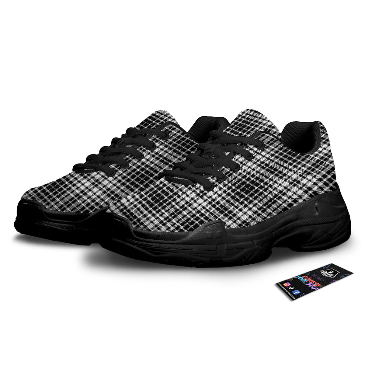 Border Tartan White And Black Print Black Chunky Shoes-grizzshop