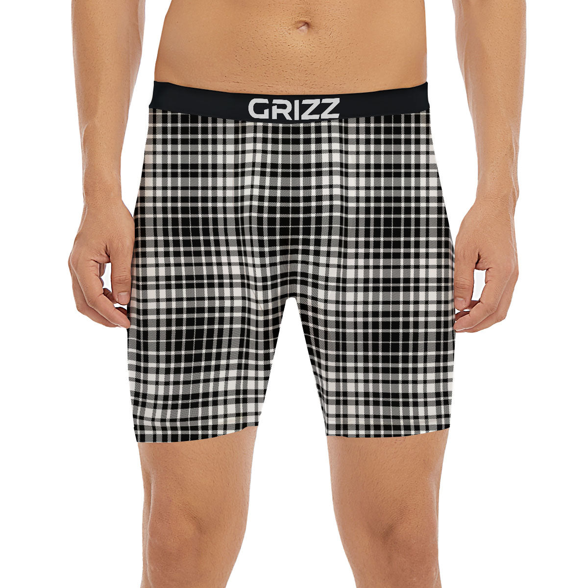 Border Tartan White And Black Print Boxer Briefs-grizzshop
