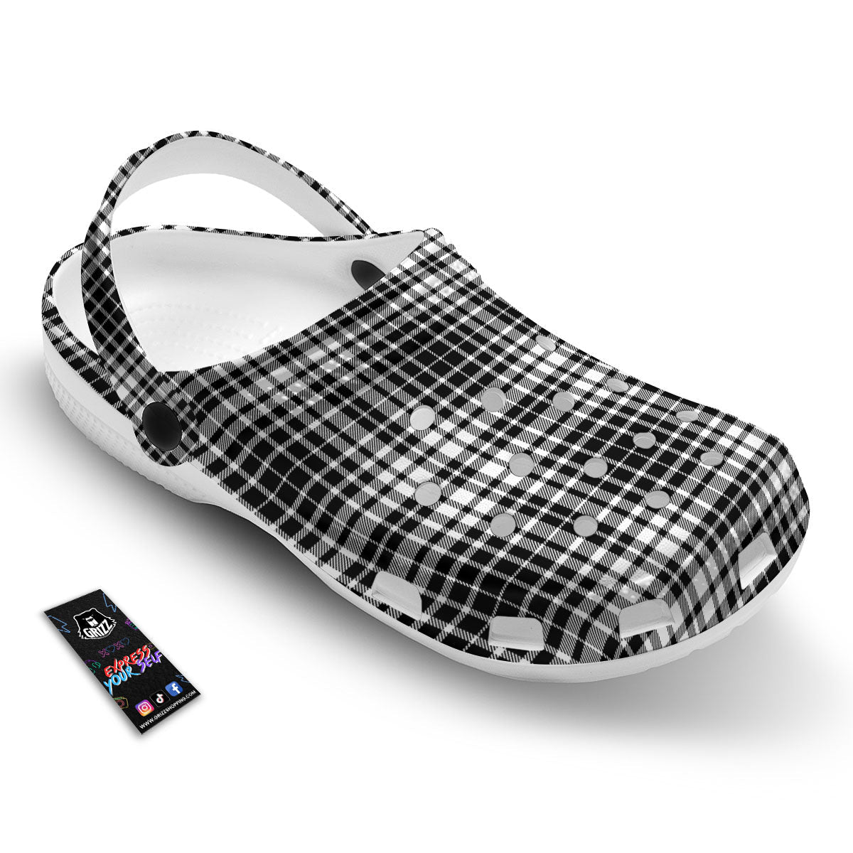 Border Tartan White And Black Print Clog-grizzshop