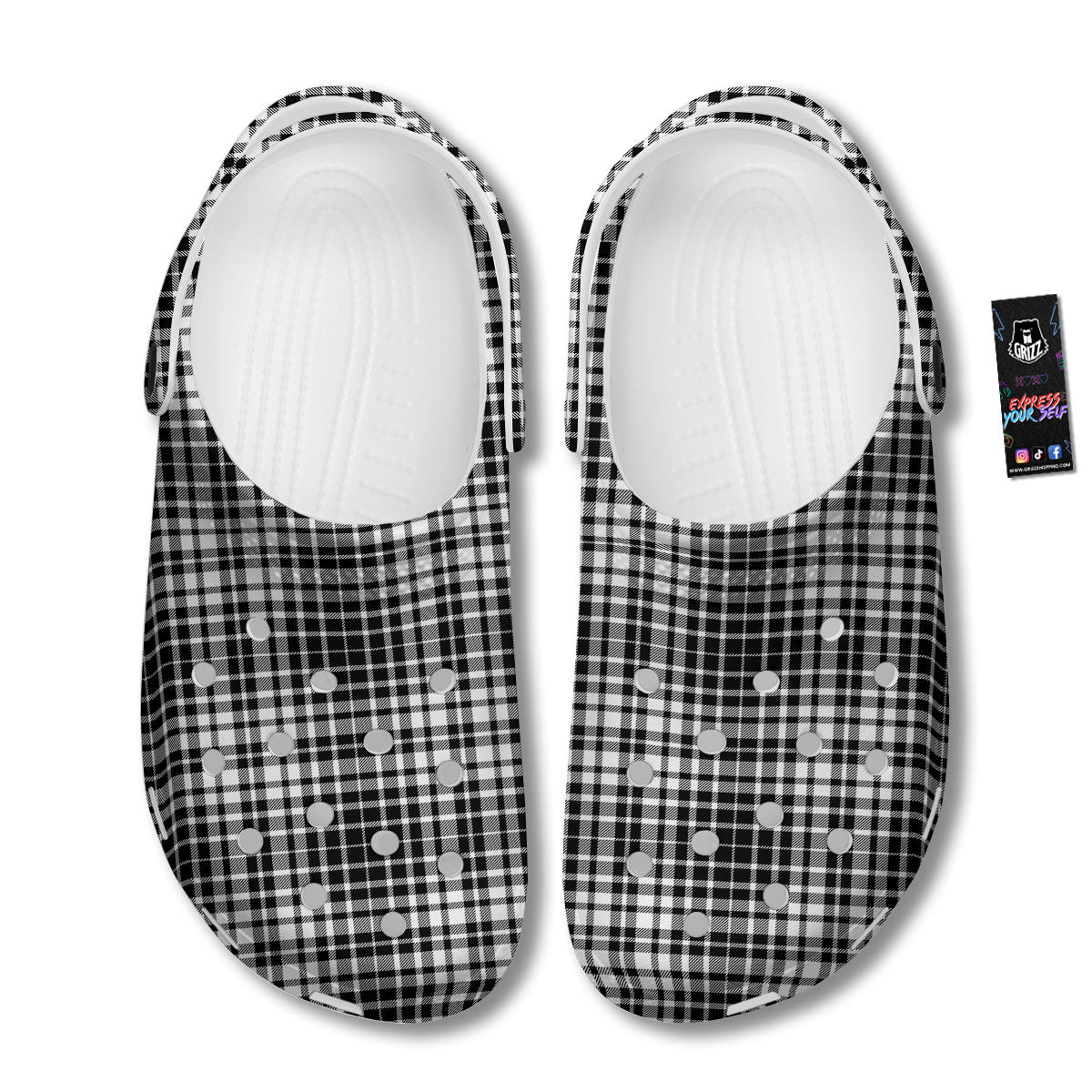 Border Tartan White And Black Print Clog-grizzshop