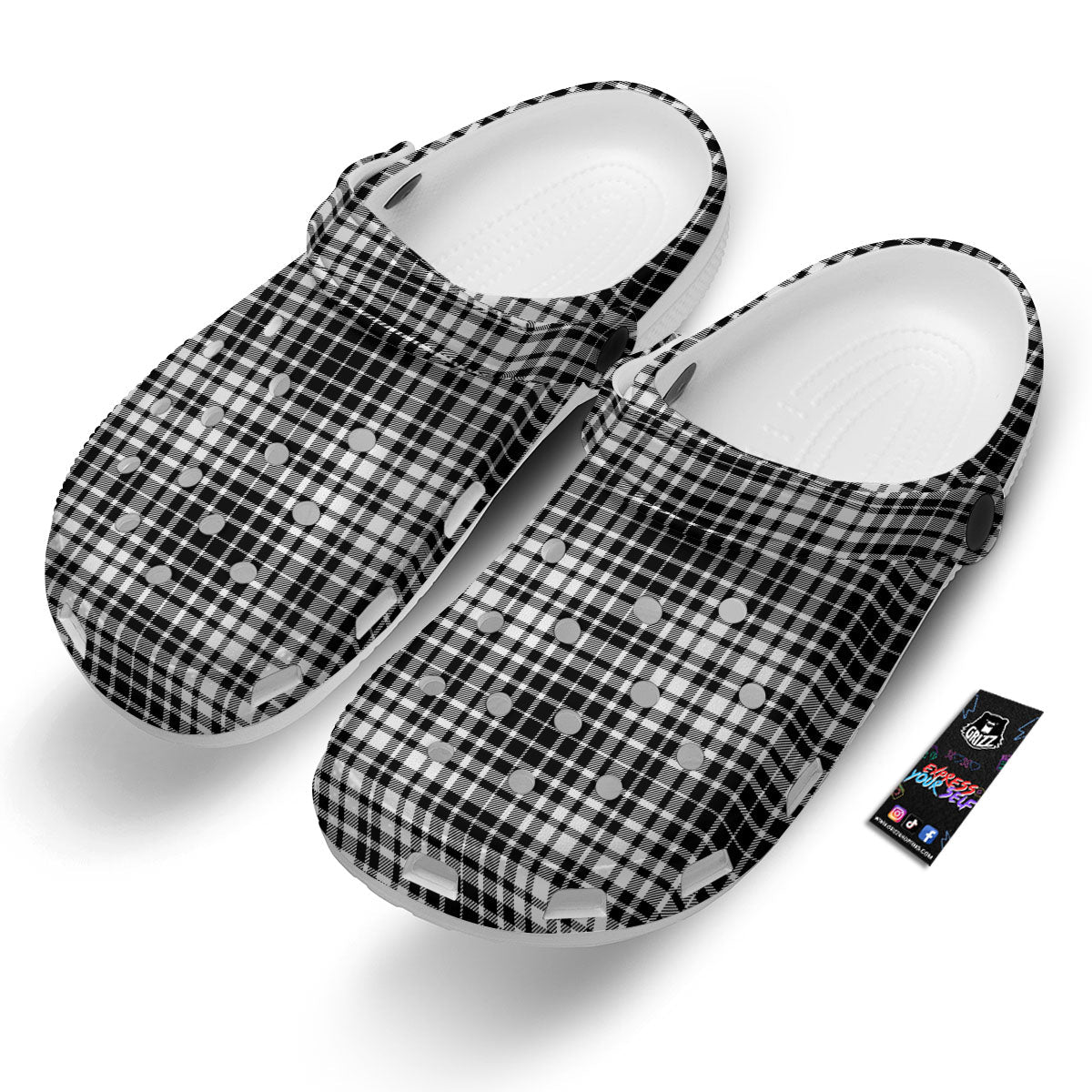Border Tartan White And Black Print Clog-grizzshop