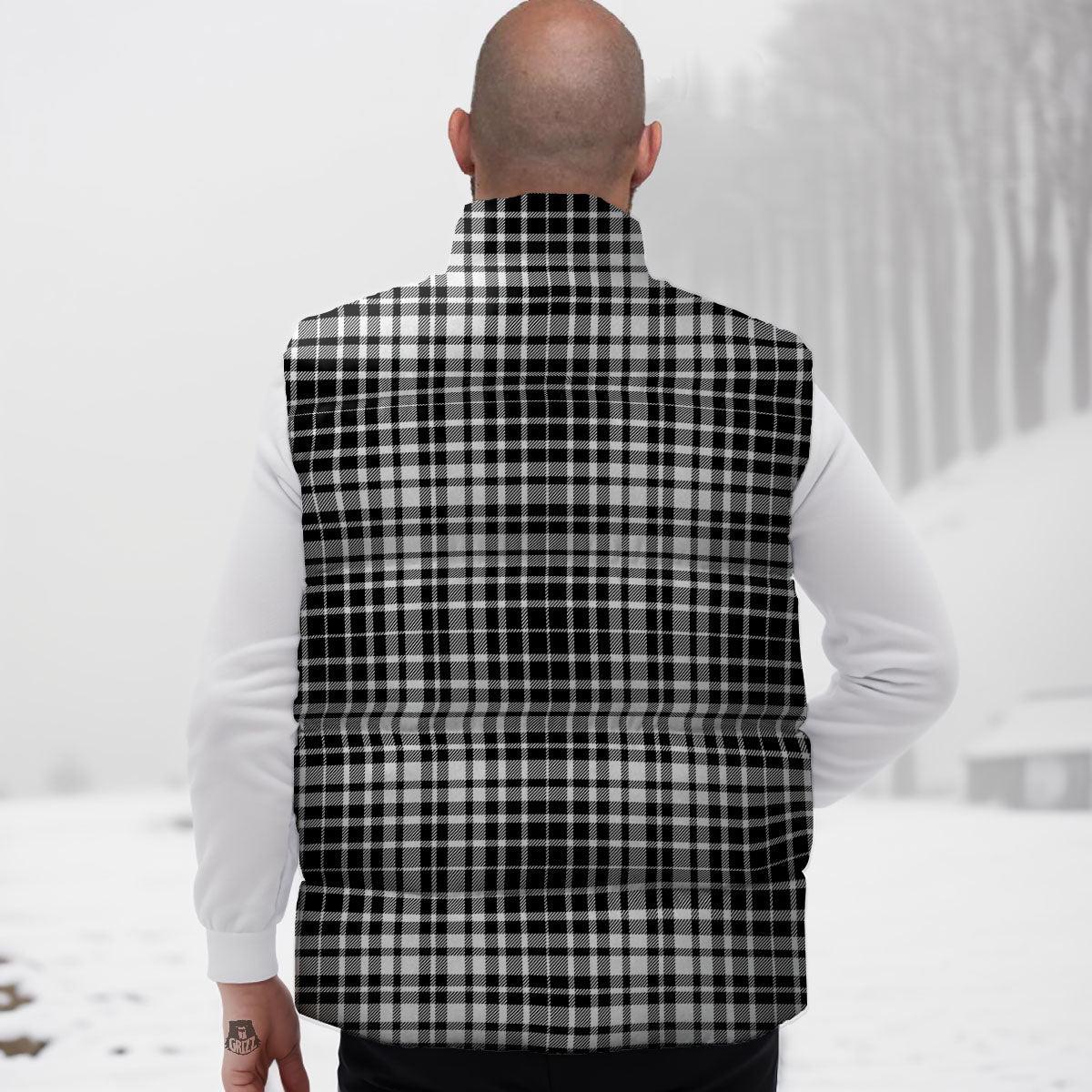 Border Tartan White And Black Print Down Vest