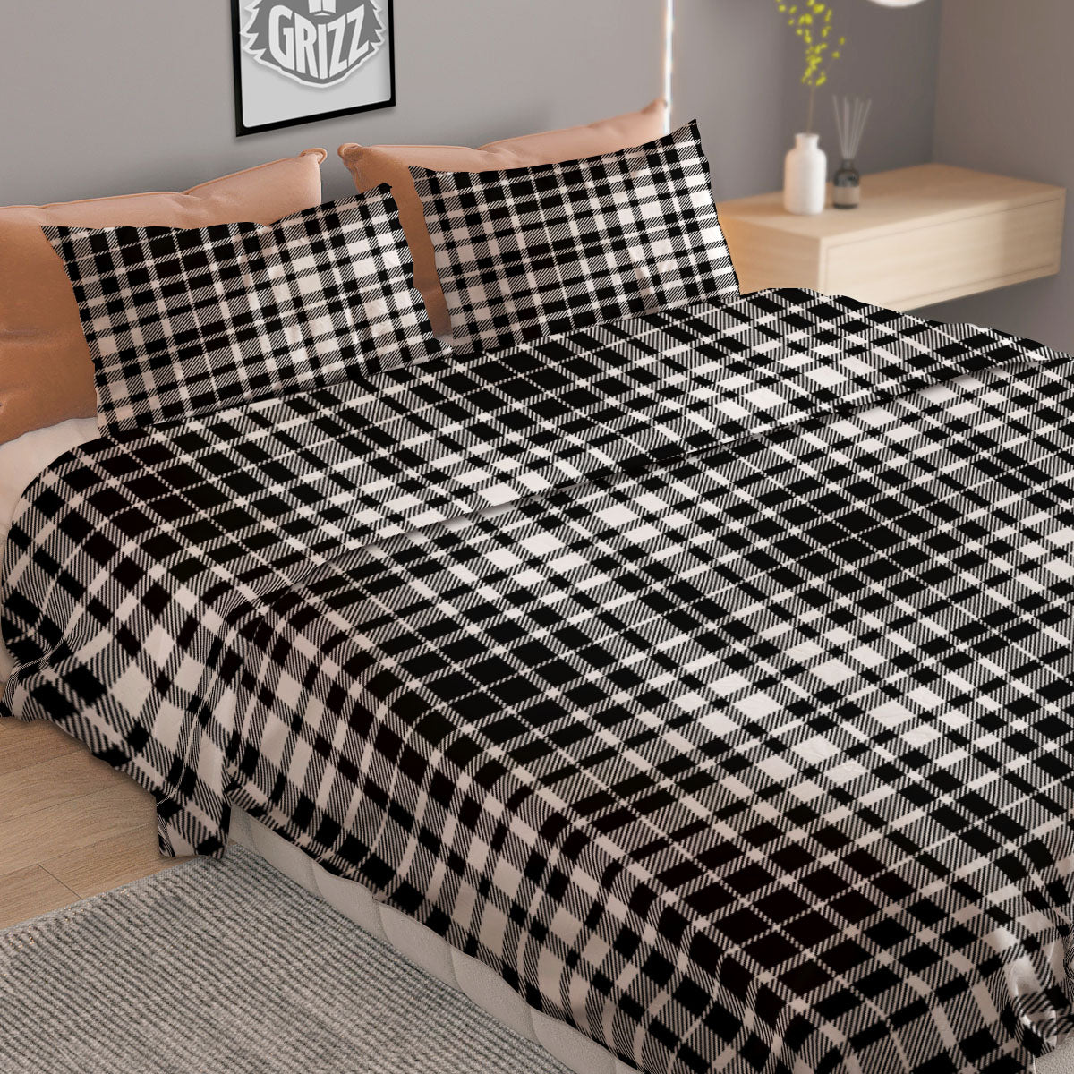 Border Tartan White And Black Print Duvet Cover Bedding Set