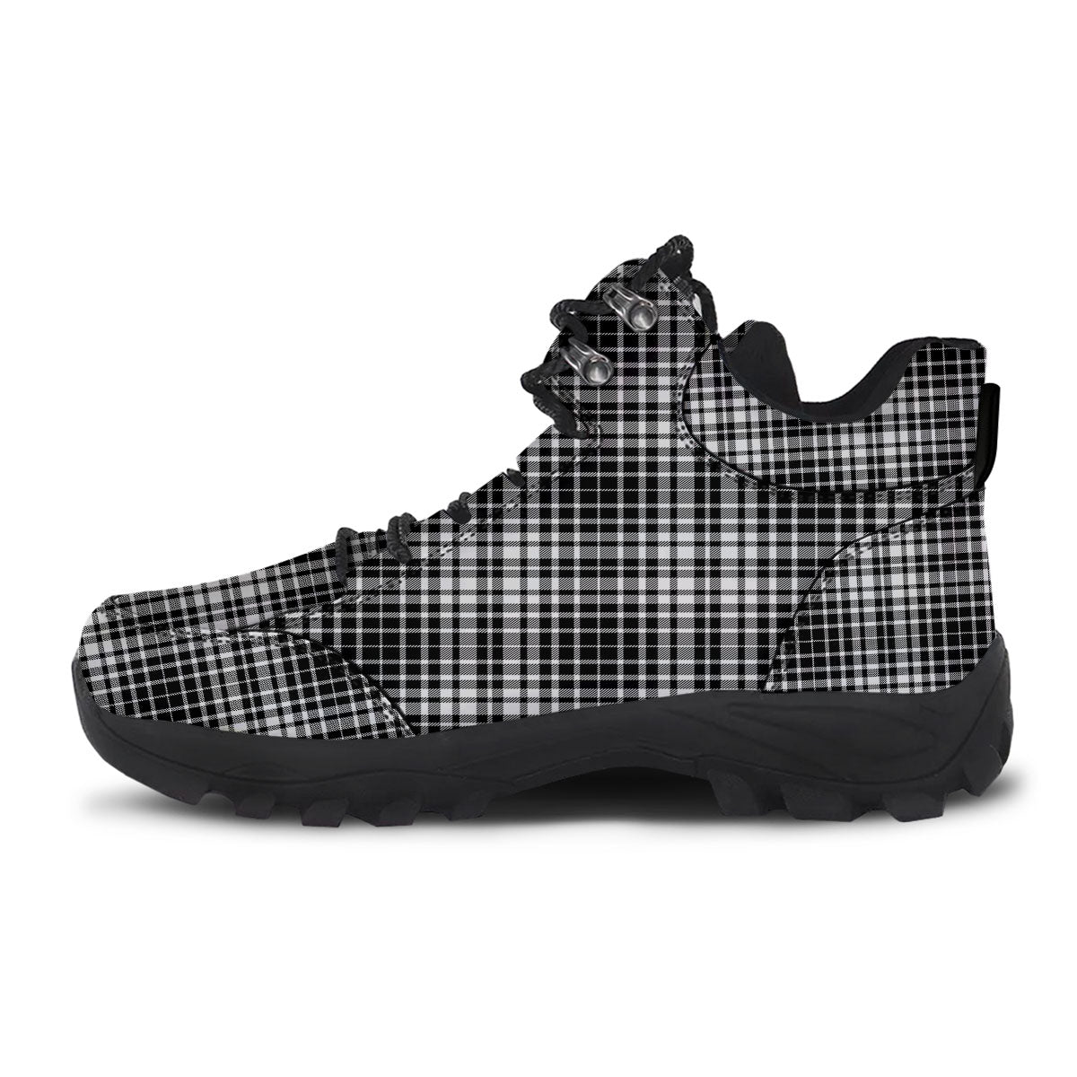 Border Tartan White And Black Print Hiking Shoes-grizzshop
