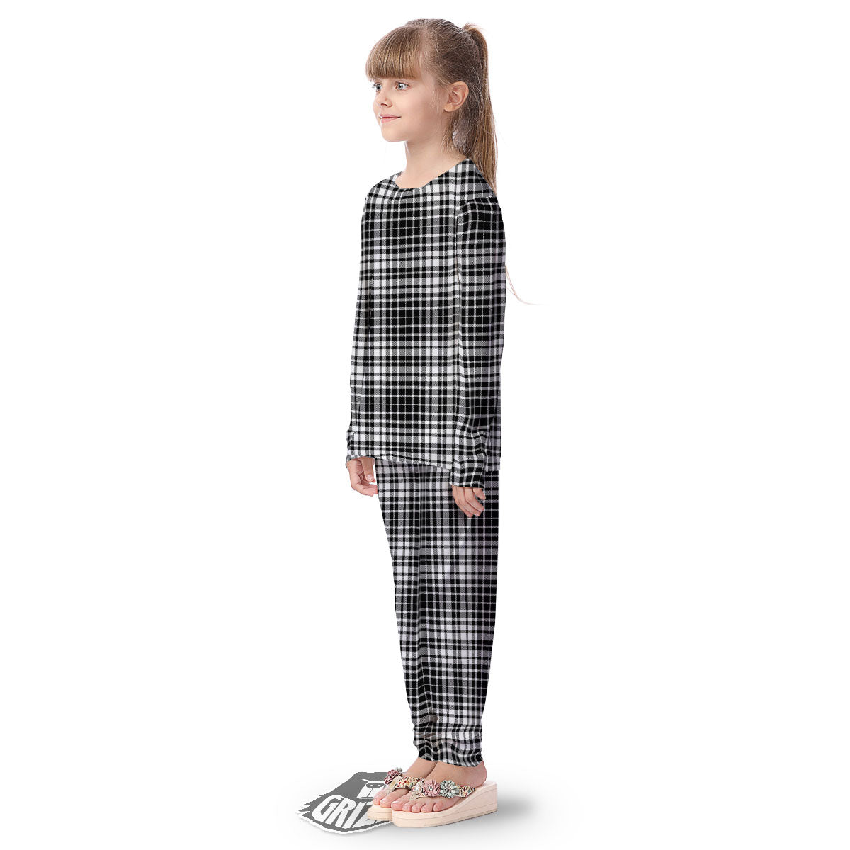 Border Tartan White And Black Print Kid's Pajamas-grizzshop