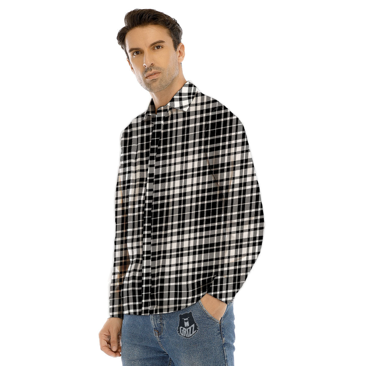Border Tartan White And Black Print Men's Dress Shirts-grizzshop