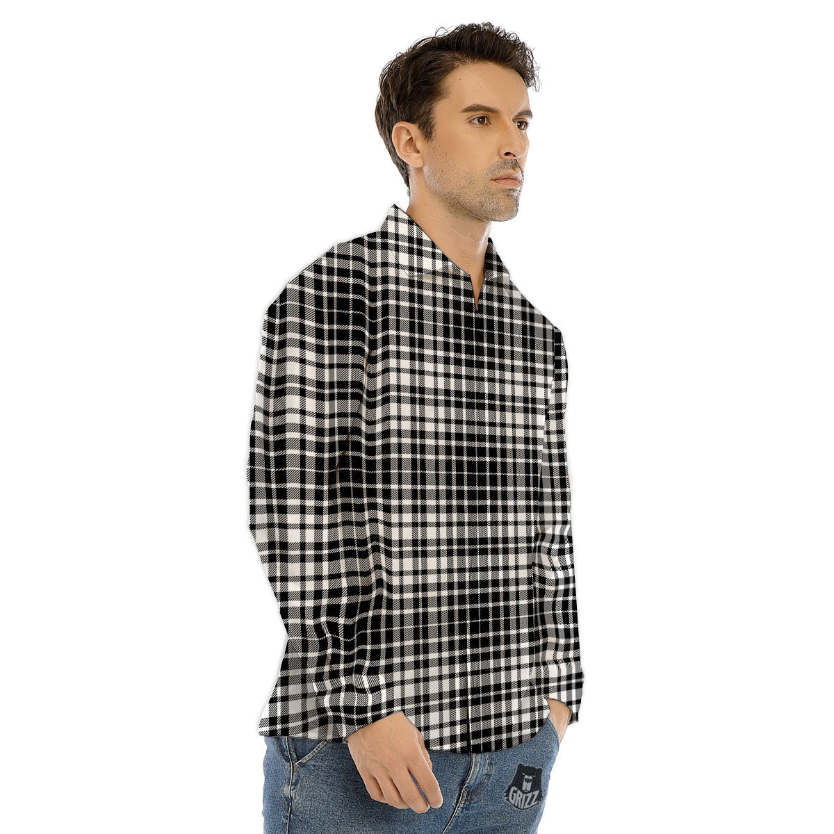 Border Tartan White And Black Print Men's Dress Shirts-grizzshop
