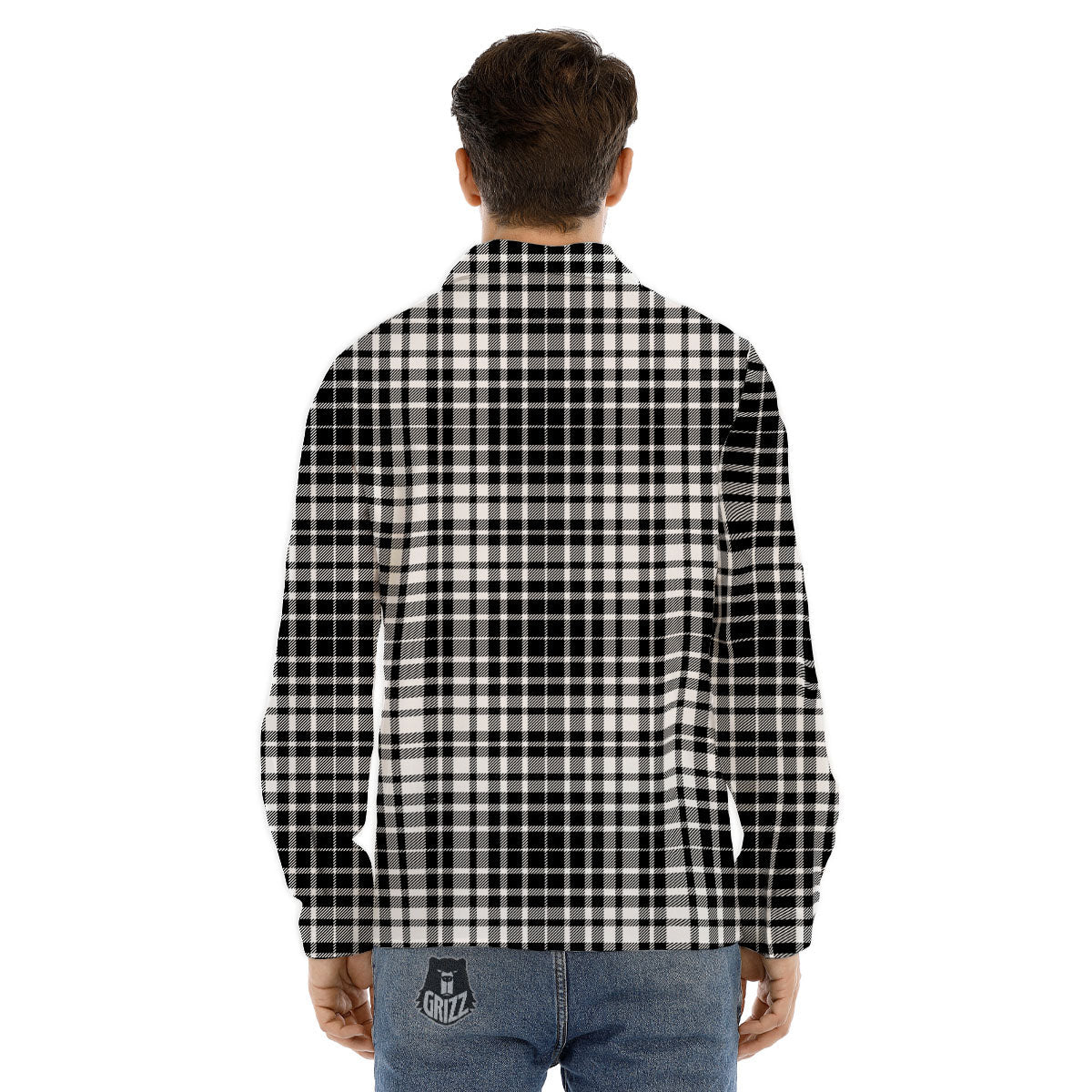 Border Tartan White And Black Print Men's Dress Shirts-grizzshop