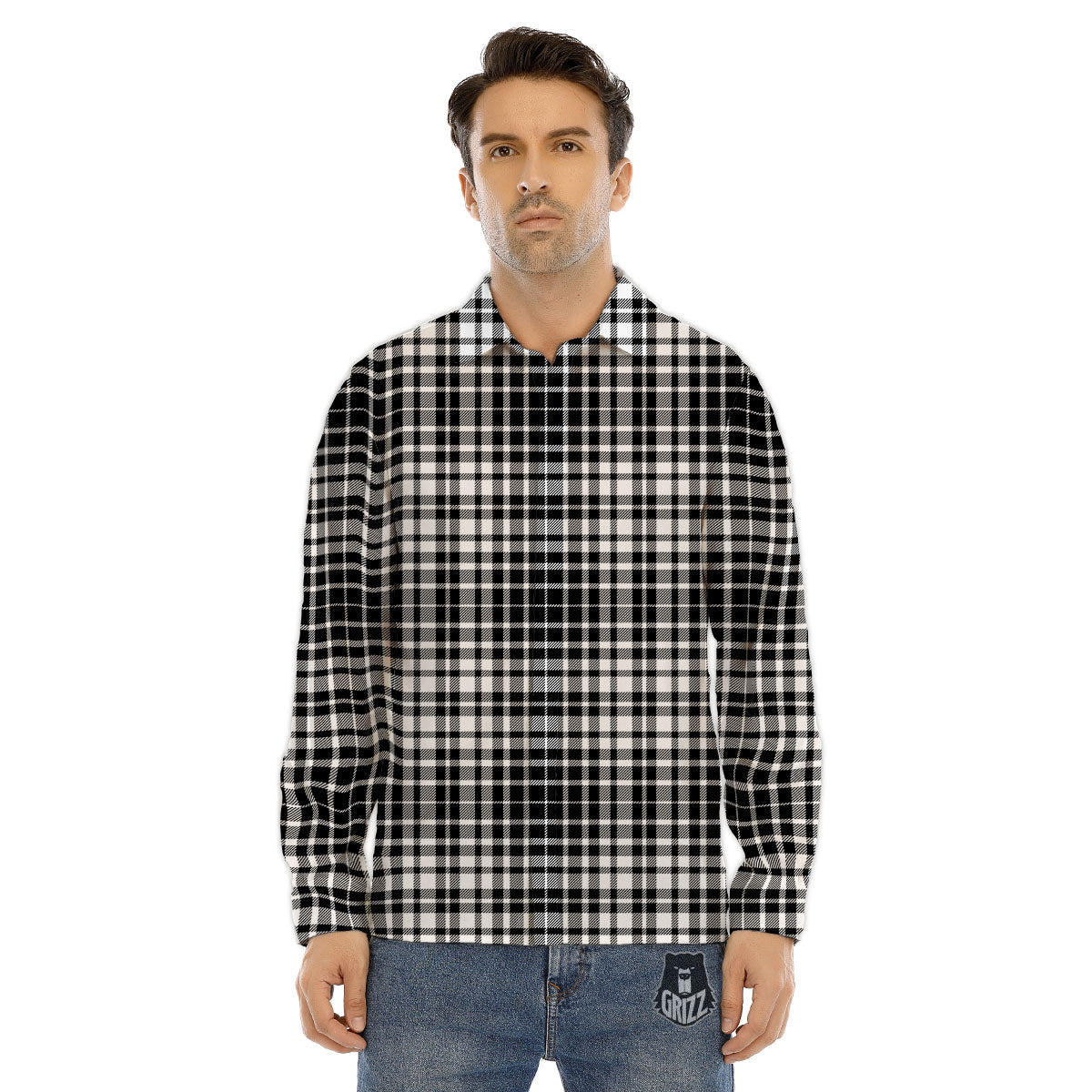 Border Tartan White And Black Print Men's Dress Shirts-grizzshop