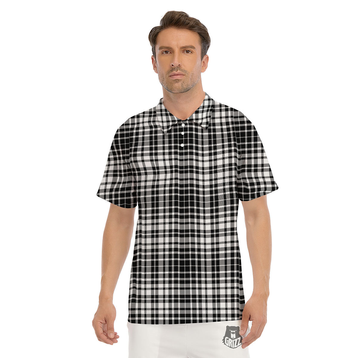 Border Tartan White And Black Print Men's Golf Shirts-grizzshop