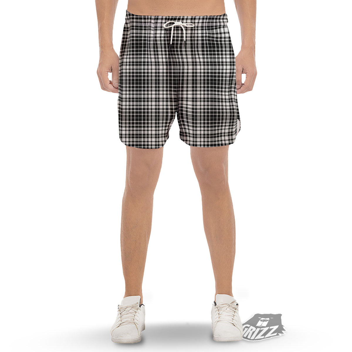 Border Tartan White And Black Print Men's Gym Shorts-grizzshop