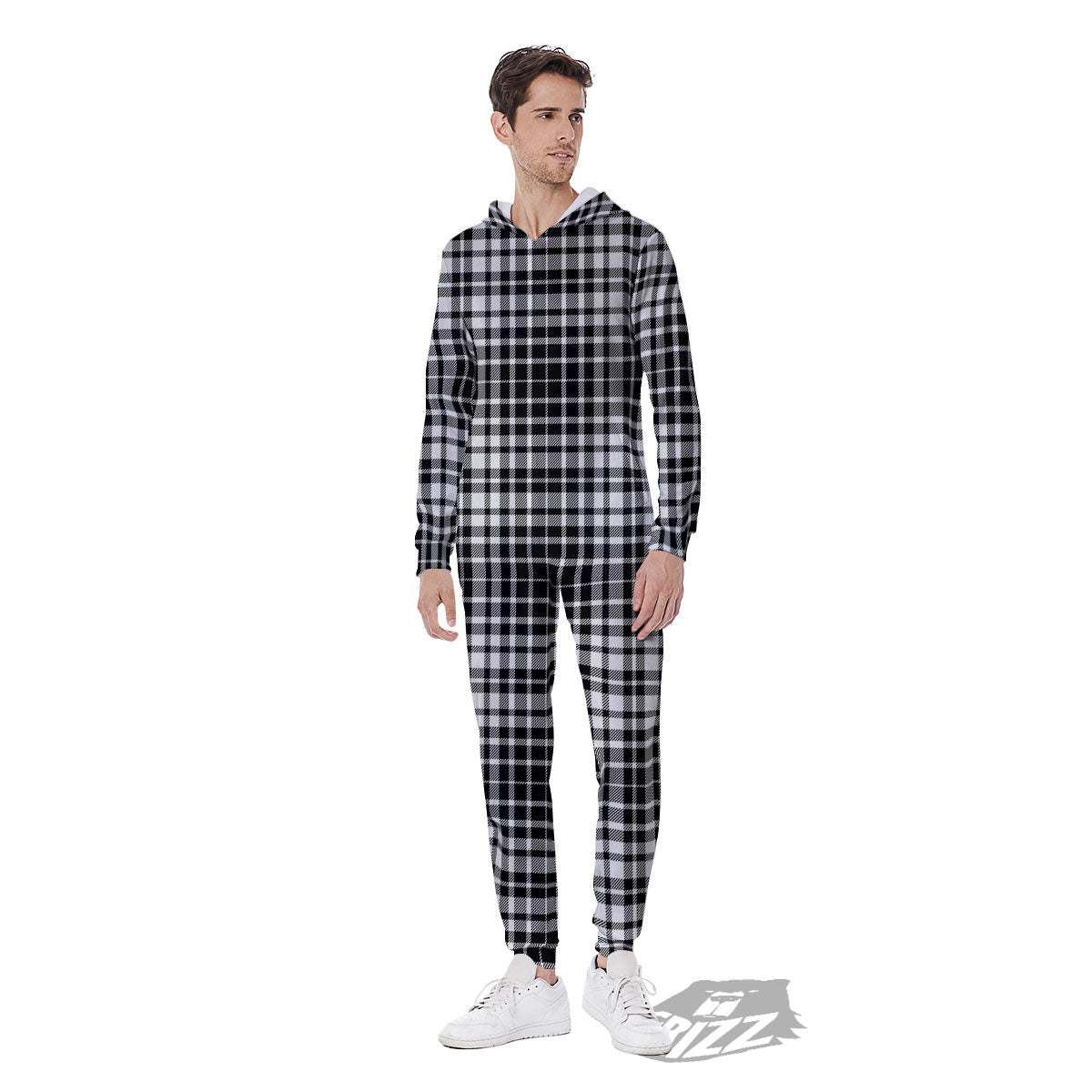 Border Tartan White And Black Print Men's Jumpsuit-grizzshop