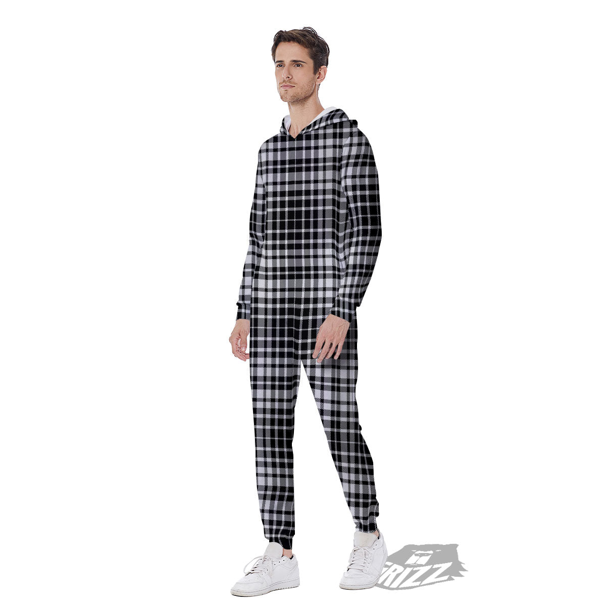 Border Tartan White And Black Print Men's Jumpsuit-grizzshop