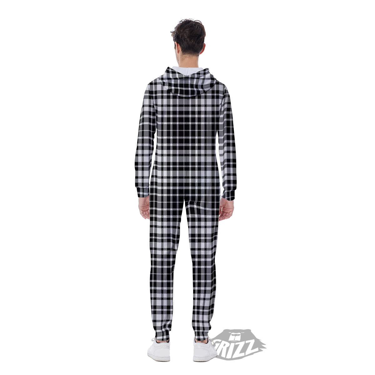 Border Tartan White And Black Print Men's Jumpsuit-grizzshop
