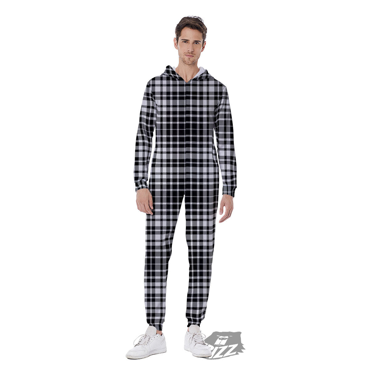 Border Tartan White And Black Print Men's Jumpsuit-grizzshop