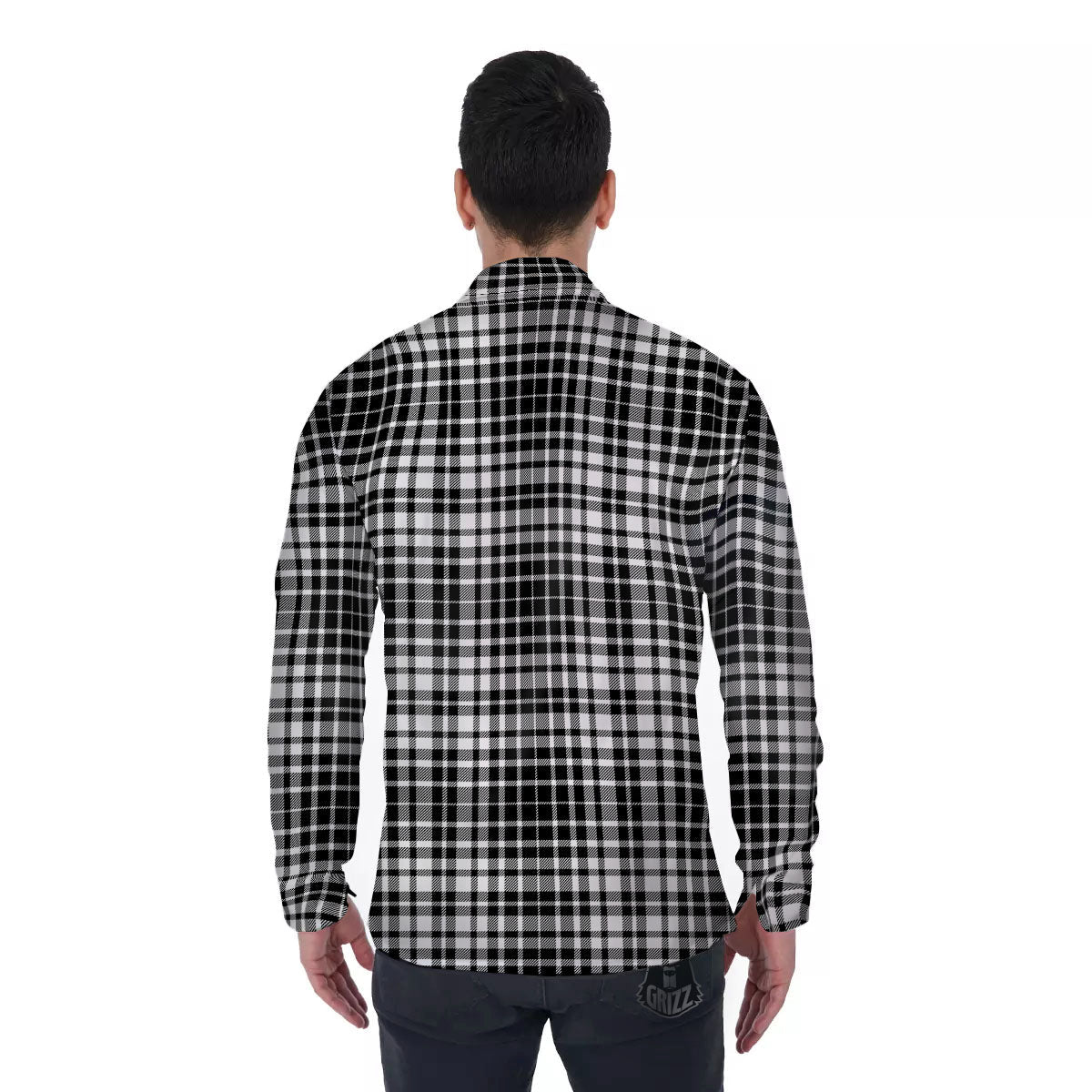 Border Tartan White And Black Print Men's Long Sleeve Shirts-grizzshop