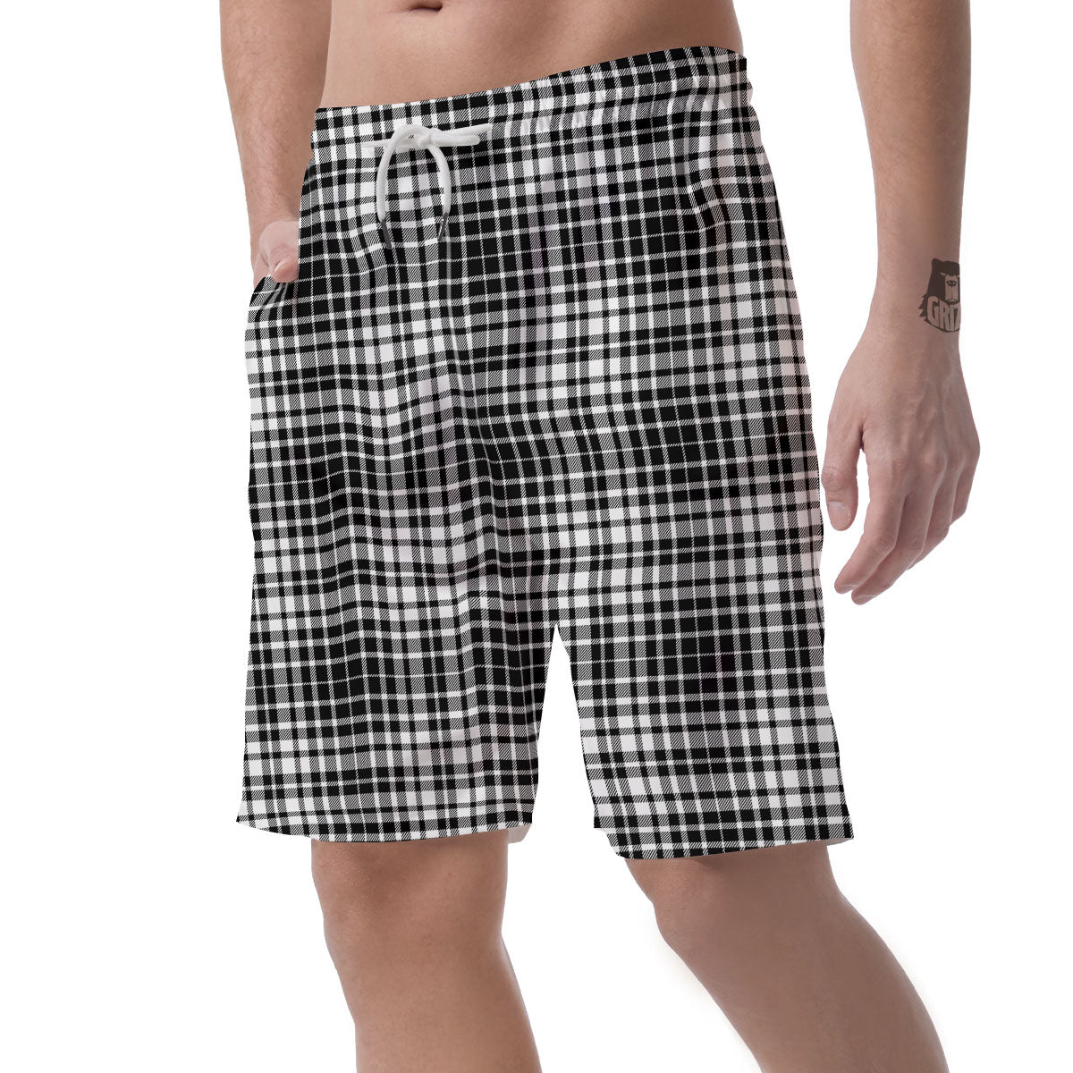 Border Tartan White And Black Print Men's Shorts-grizzshop