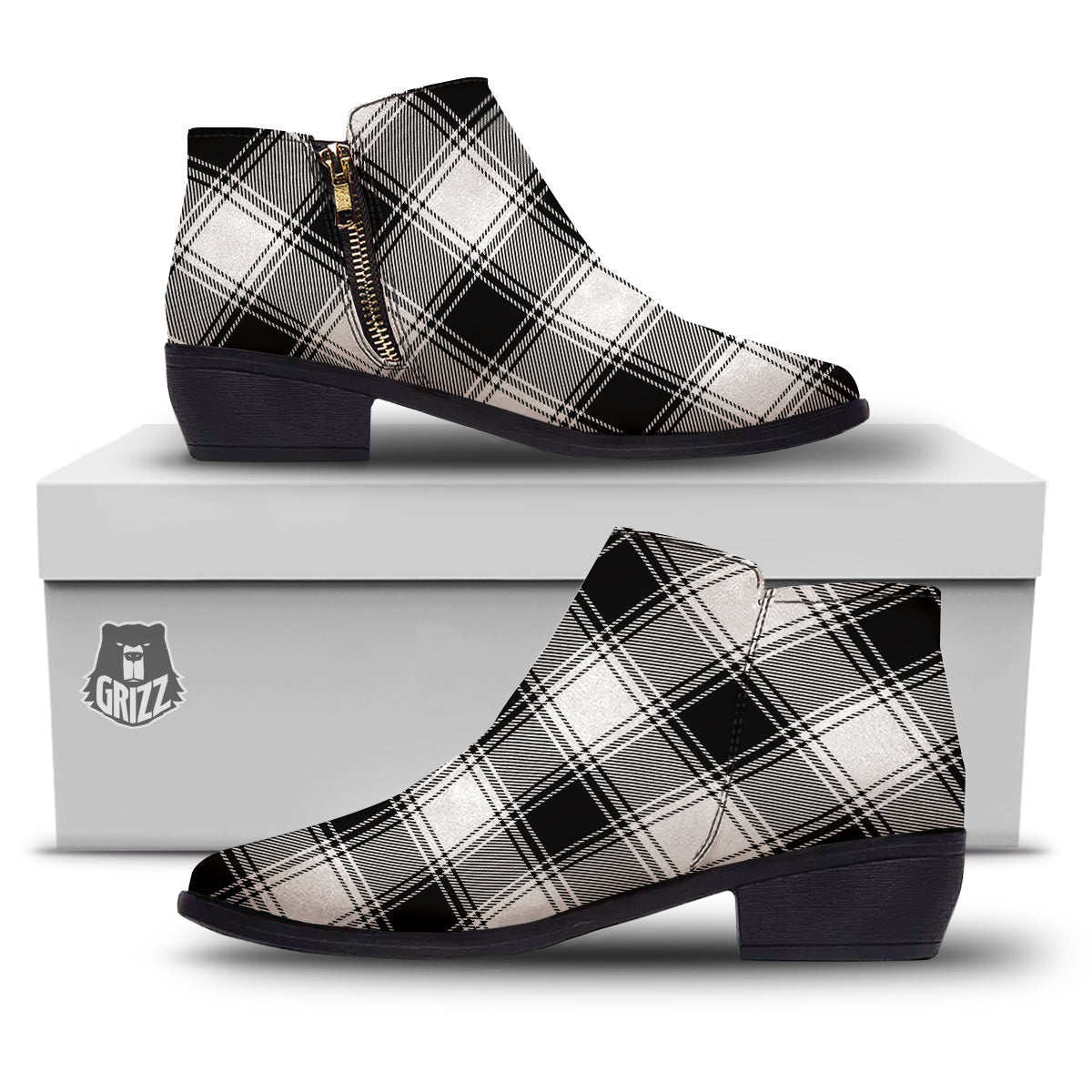 Border Tartan White And Black Print Pattern Ankle Boots-grizzshop