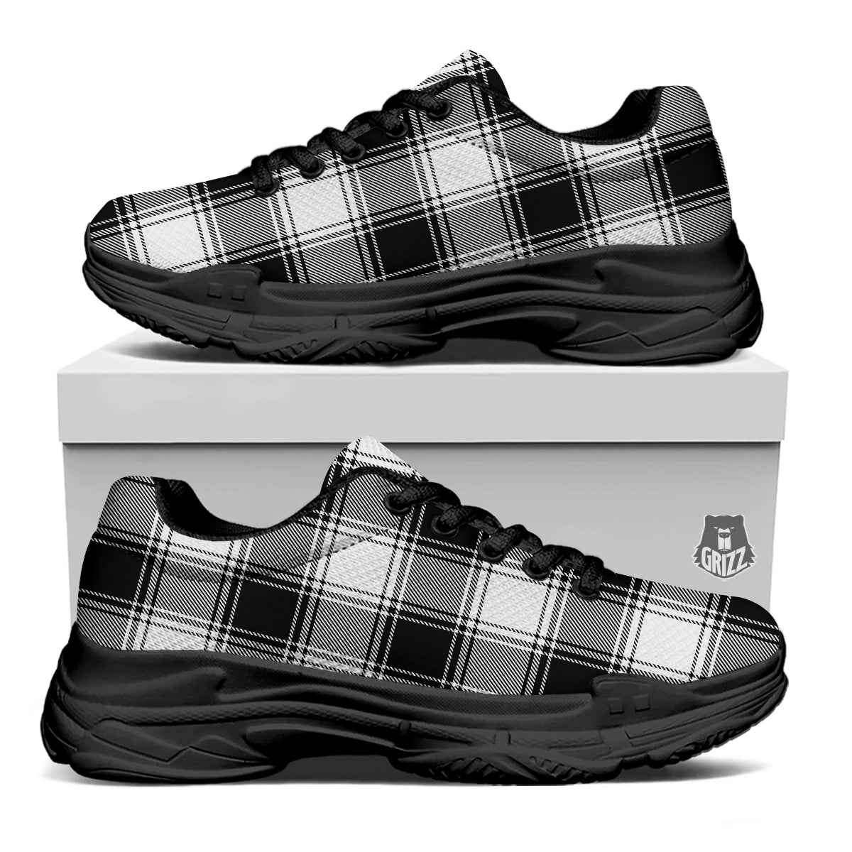 Border Tartan White And Black Print Pattern Black Chunky Shoes-grizzshop