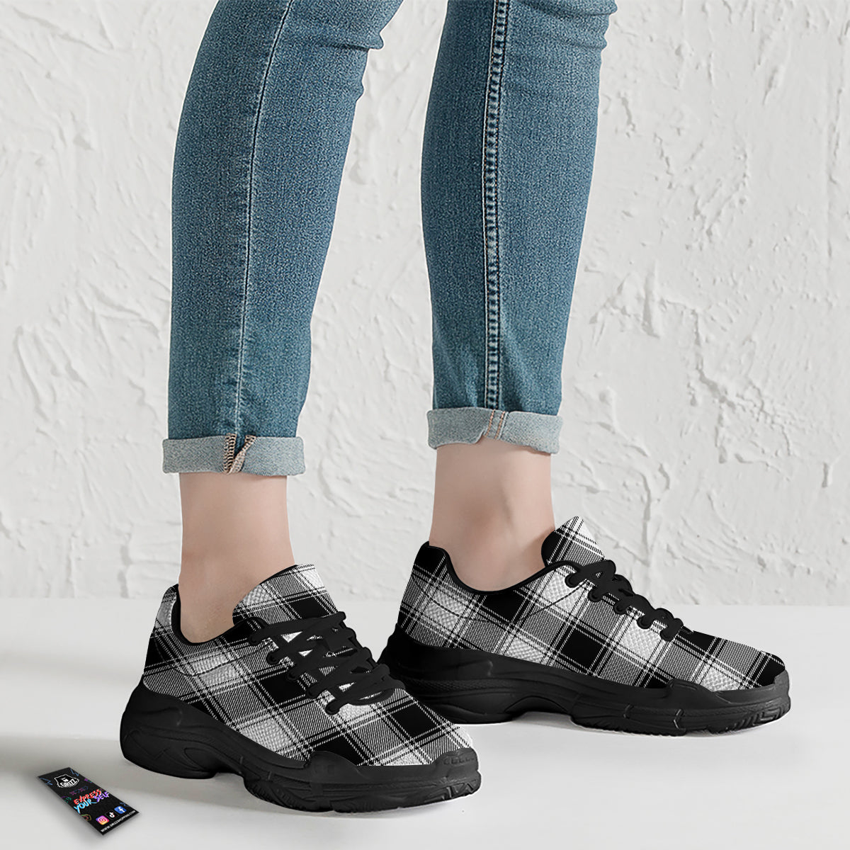 Border Tartan White And Black Print Pattern Black Chunky Shoes-grizzshop
