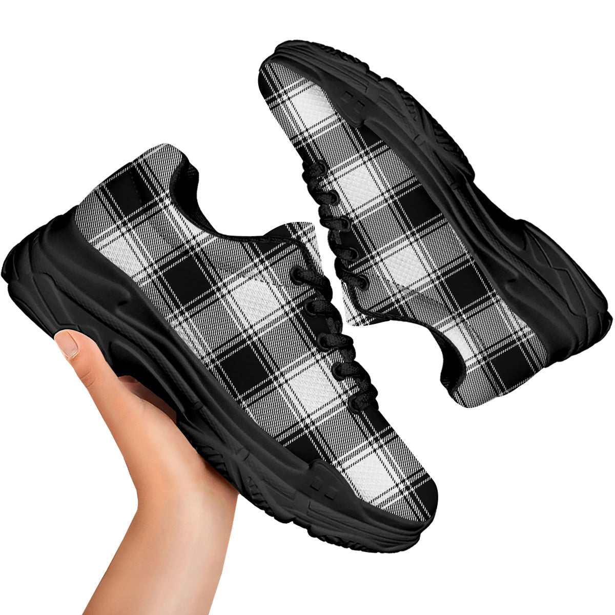 Border Tartan White And Black Print Pattern Black Chunky Shoes-grizzshop