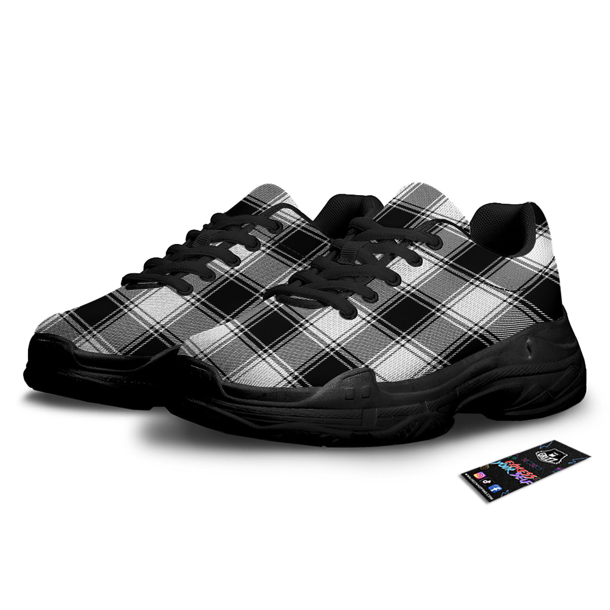 Border Tartan White And Black Print Pattern Black Chunky Shoes-grizzshop