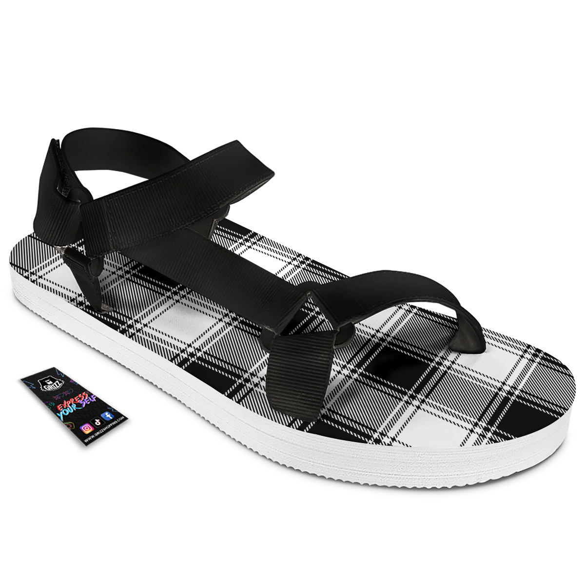 Border Tartan White And Black Print Pattern Black Open Toe Sandals-grizzshop