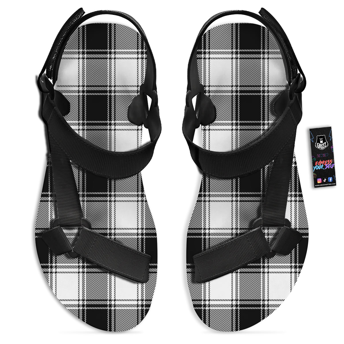 Border Tartan White And Black Print Pattern Black Open Toe Sandals-grizzshop