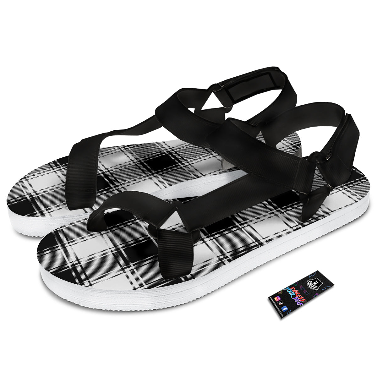 Border Tartan White And Black Print Pattern Black Open Toe Sandals-grizzshop