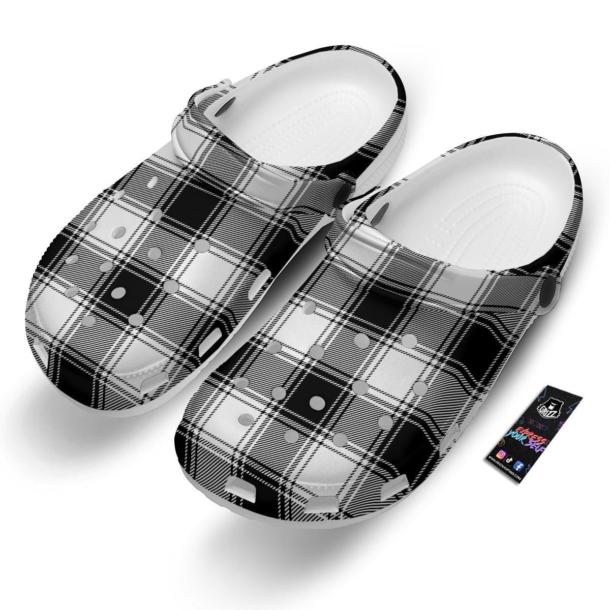Border Tartan White And Black Print Pattern Clog-grizzshop