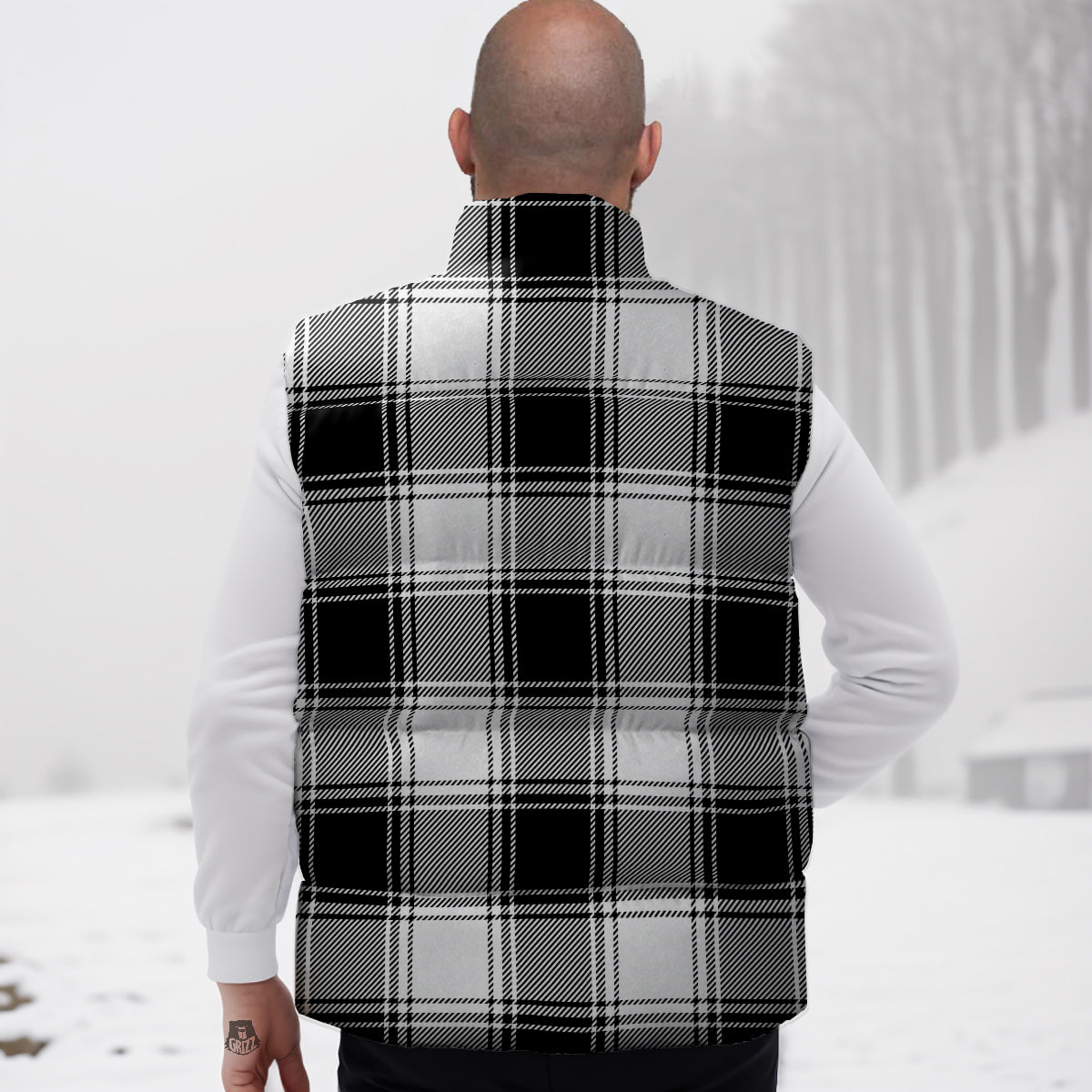 Border Tartan White And Black Print Pattern Down Vest