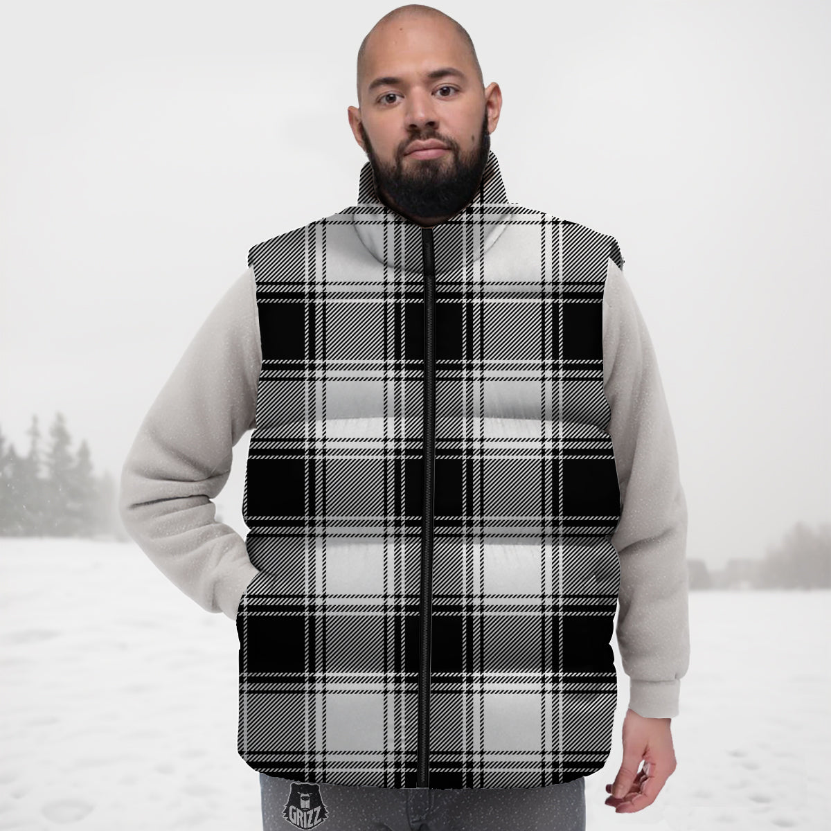 Border Tartan White And Black Print Pattern Down Vest