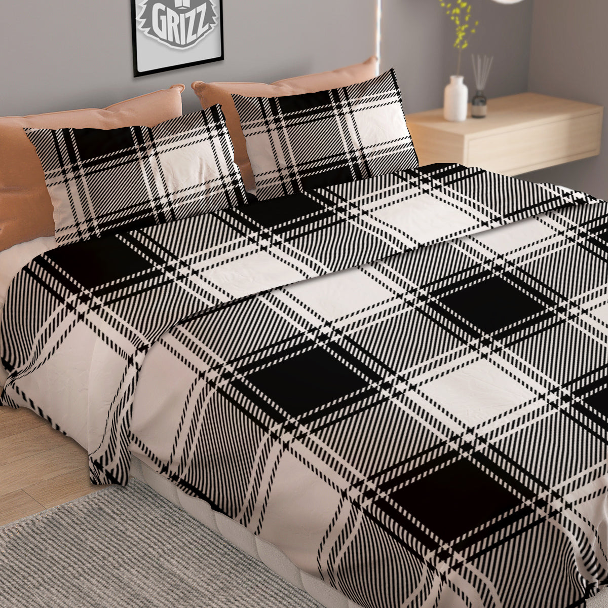 Border Tartan White And Black Print Pattern Duvet Cover Bedding Set