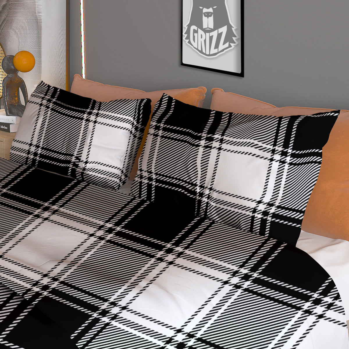 Border Tartan White And Black Print Pattern Duvet Cover Bedding Set