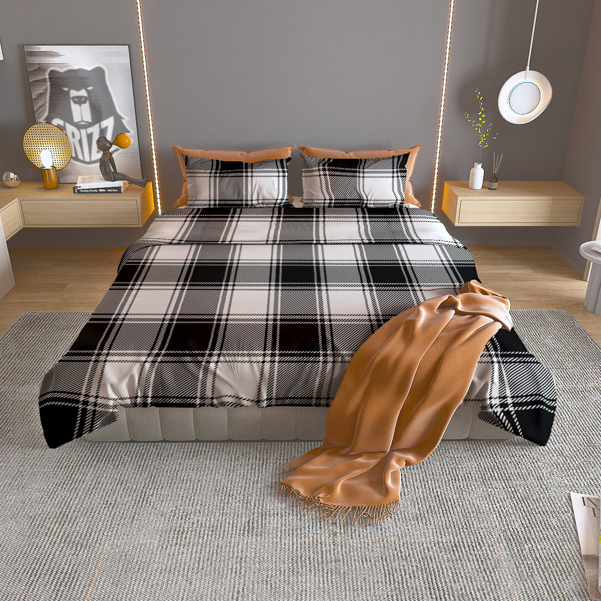 Border Tartan White And Black Print Pattern Duvet Cover Bedding Set