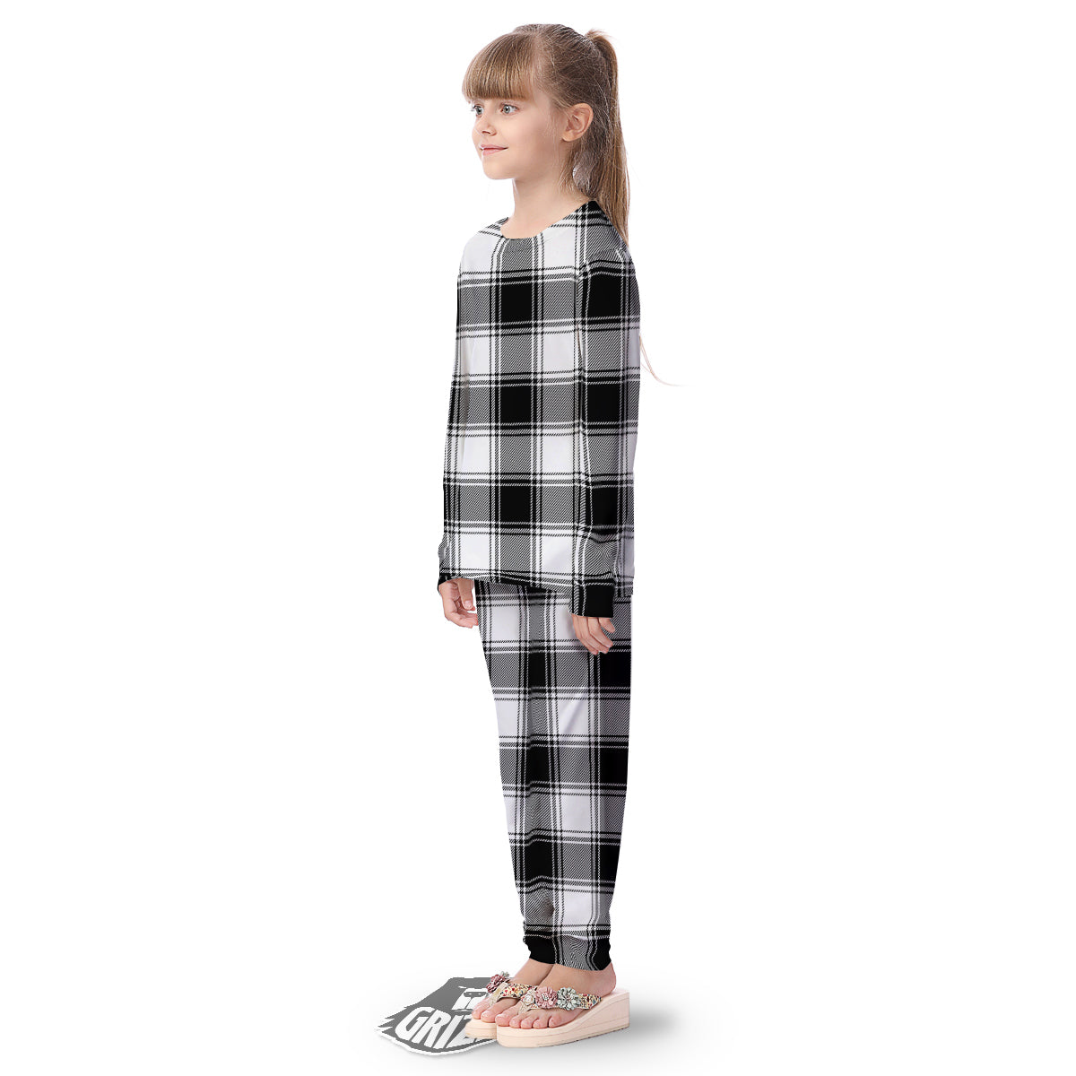 Border Tartan White And Black Print Pattern Kid's Pajamas-grizzshop