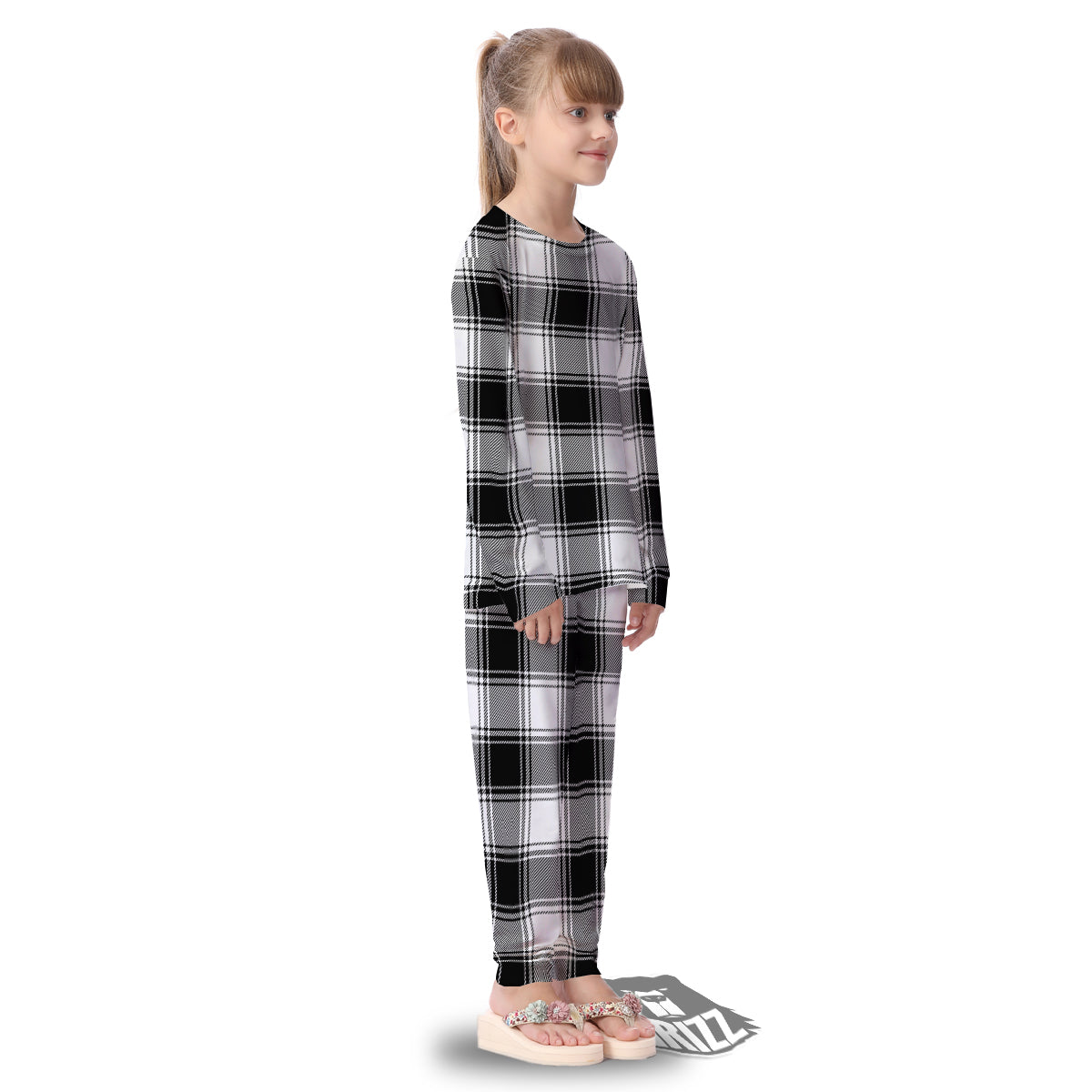 Border Tartan White And Black Print Pattern Kid's Pajamas-grizzshop