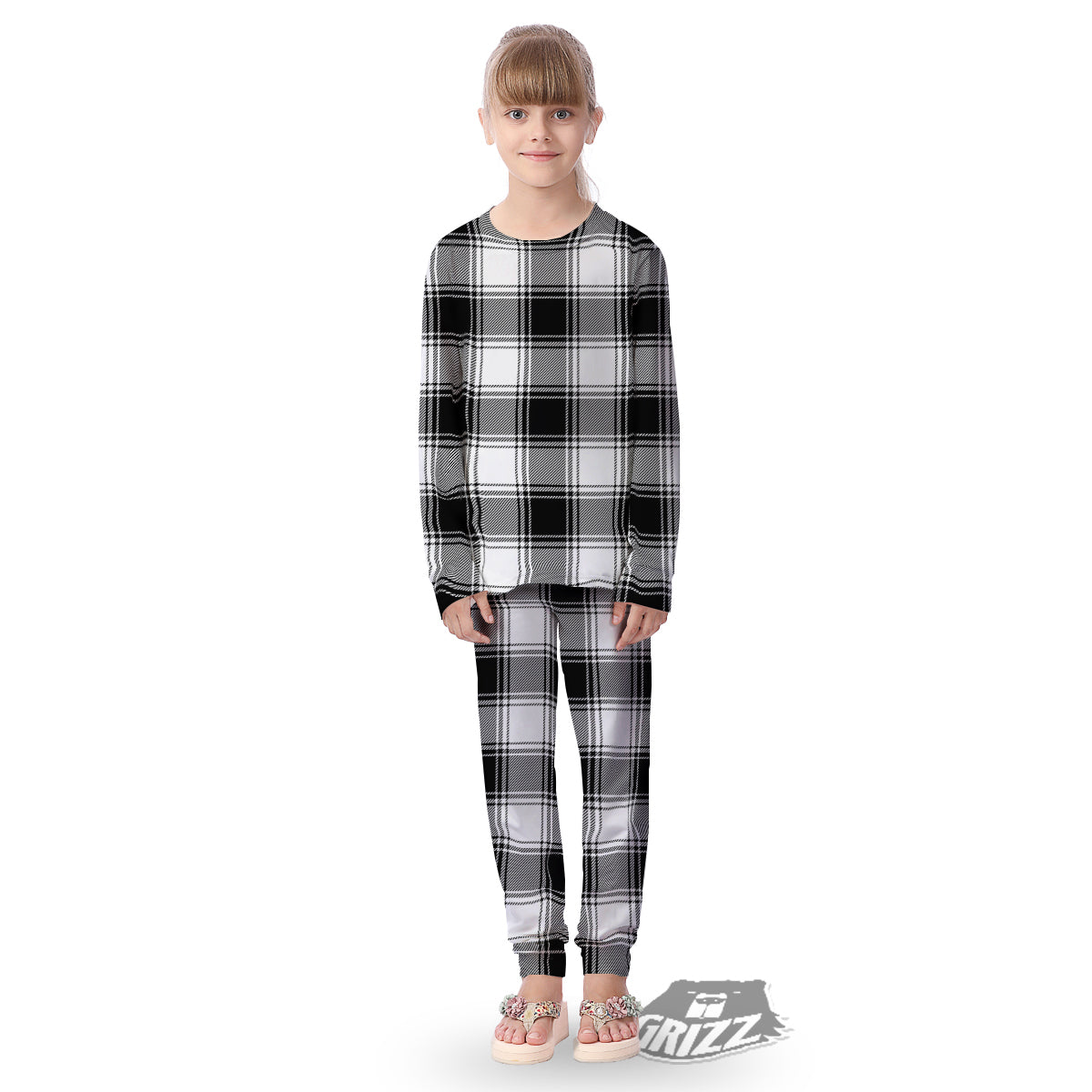 Border Tartan White And Black Print Pattern Kid's Pajamas-grizzshop