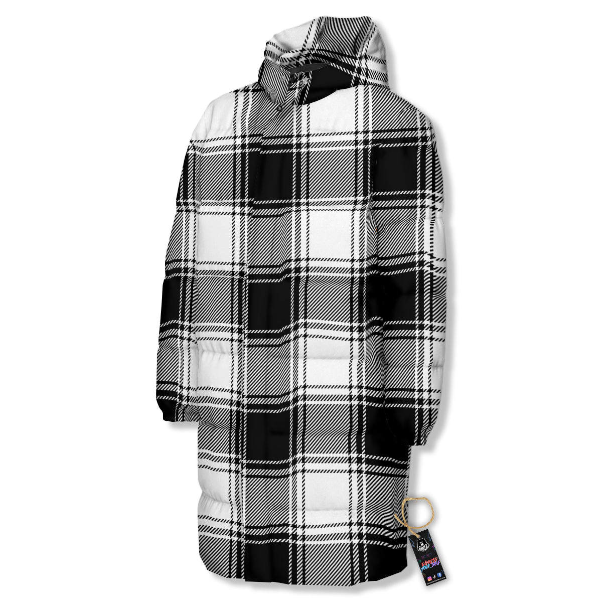Border Tartan White And Black Print Pattern Long Down Jacket-grizzshop