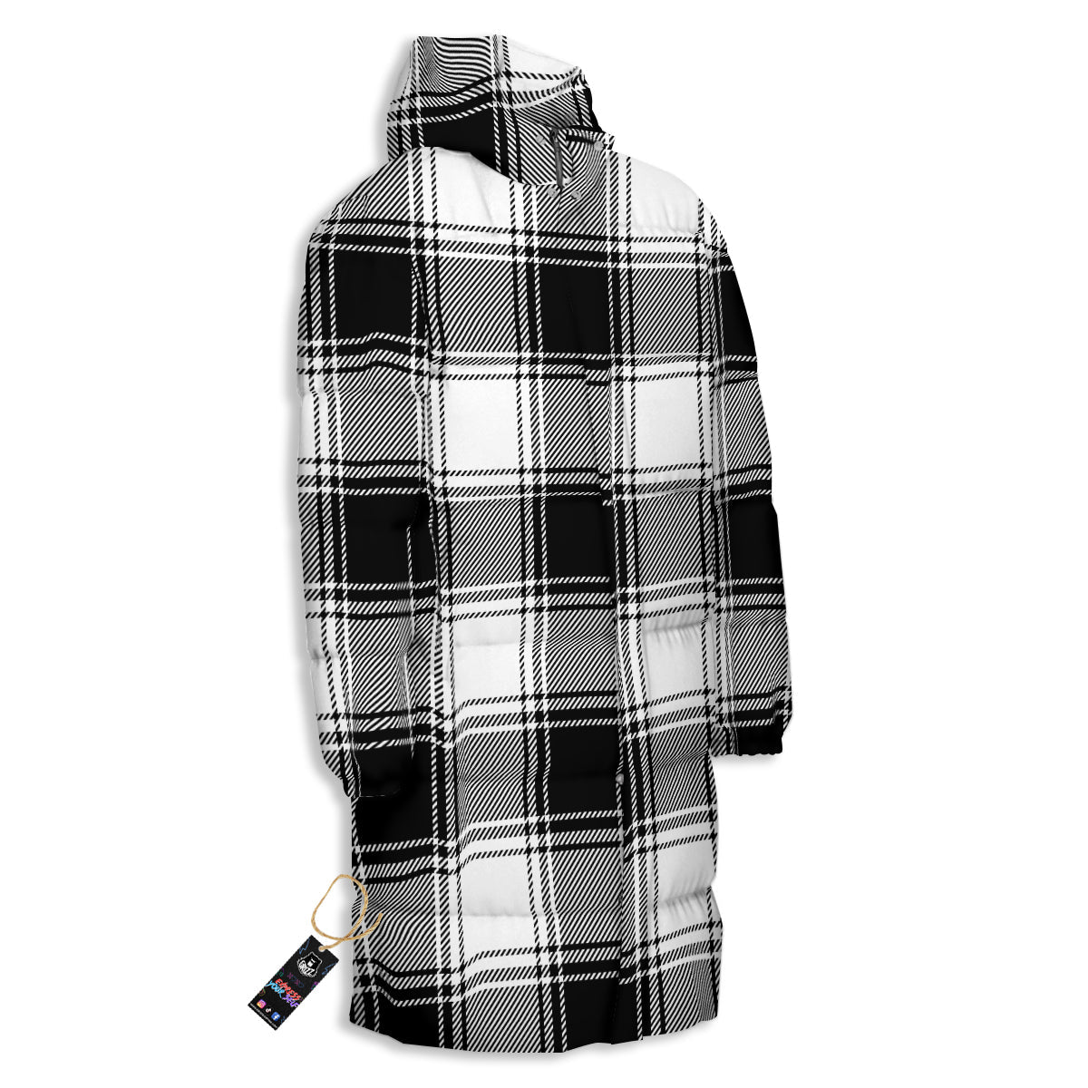 Border Tartan White And Black Print Pattern Long Down Jacket-grizzshop