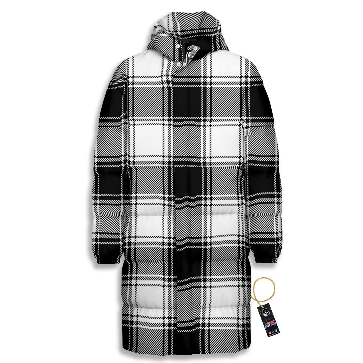 Border Tartan White And Black Print Pattern Long Down Jacket-grizzshop