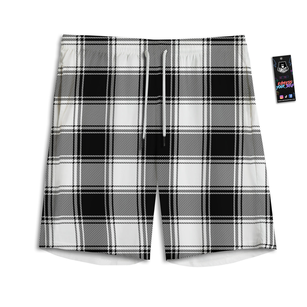 Border Tartan White And Black Print Pattern Men's Athletic Shorts