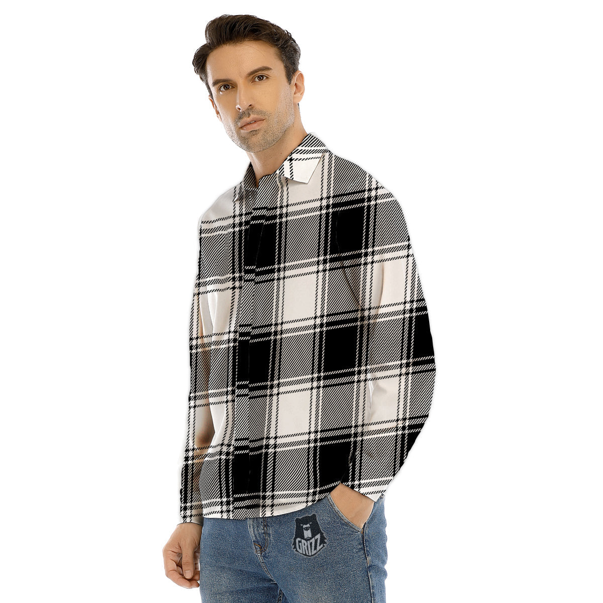Border Tartan White And Black Print Pattern Men's Dress Shirts-grizzshop