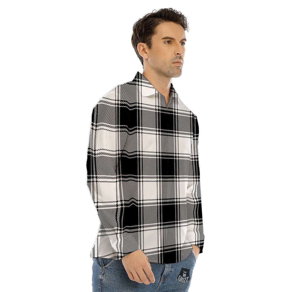Border Tartan White And Black Print Pattern Men's Dress Shirts-grizzshop
