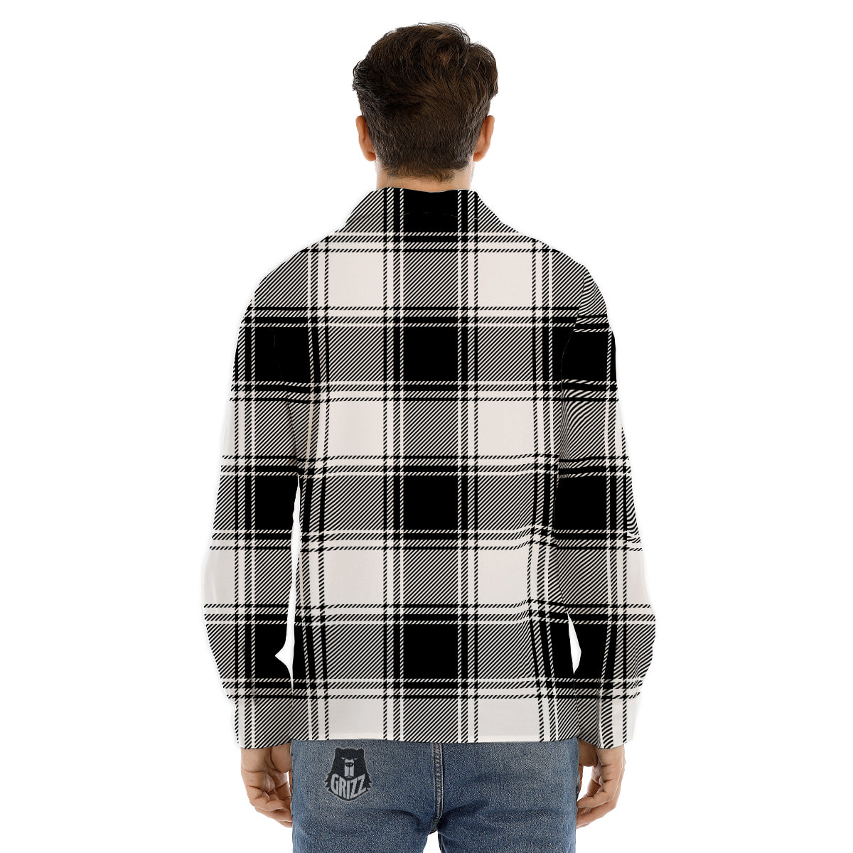 Border Tartan White And Black Print Pattern Men's Dress Shirts-grizzshop