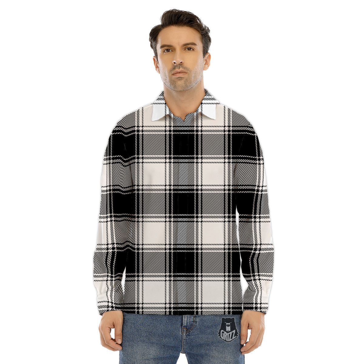 Border Tartan White And Black Print Pattern Men's Dress Shirts-grizzshop