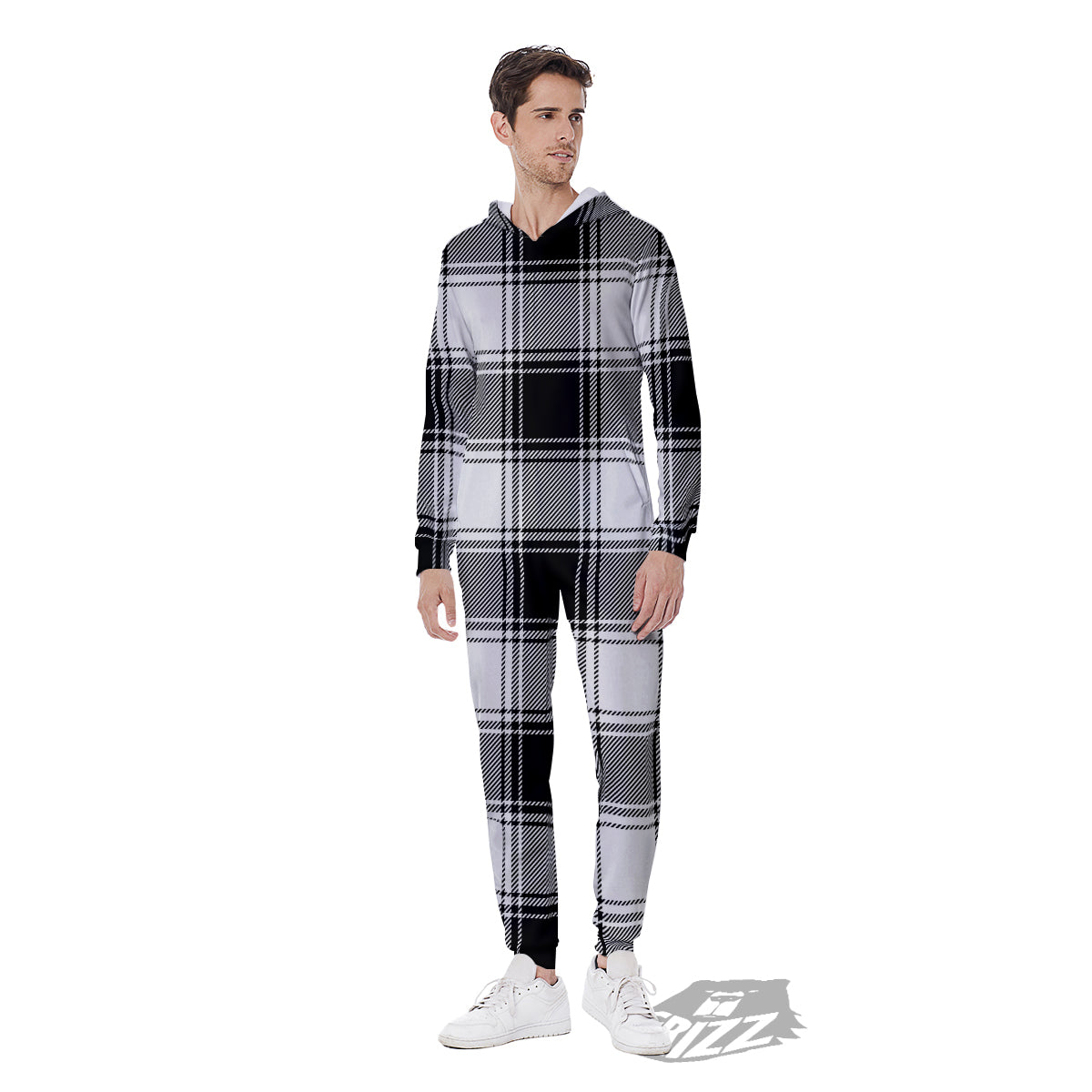 Border Tartan White And Black Print Pattern Men's Jumpsuit-grizzshop