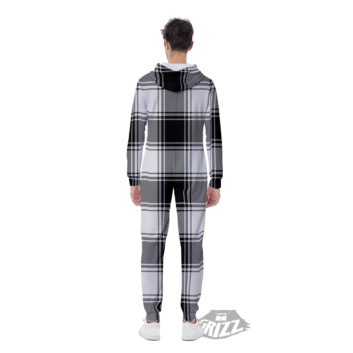 Border Tartan White And Black Print Pattern Men's Jumpsuit-grizzshop
