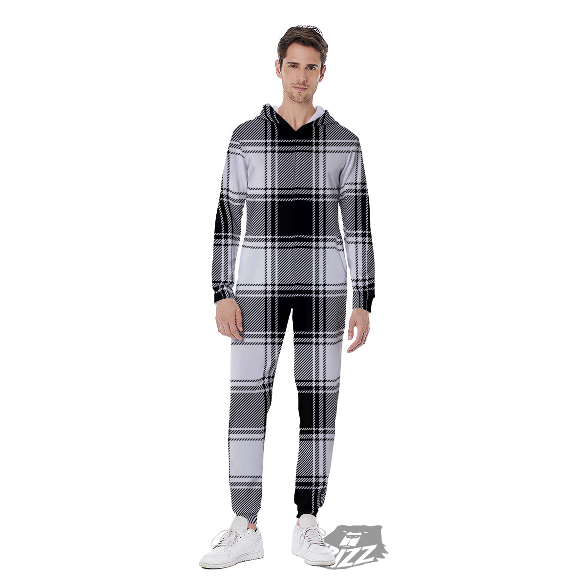Border Tartan White And Black Print Pattern Men's Jumpsuit-grizzshop